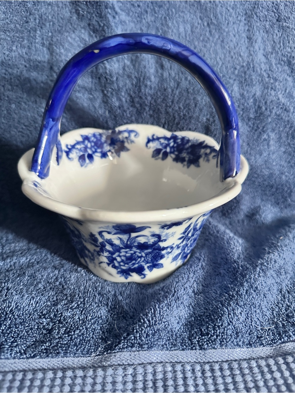 Crate&Barrel Blue and White Ceramic Basket with Floral Motif